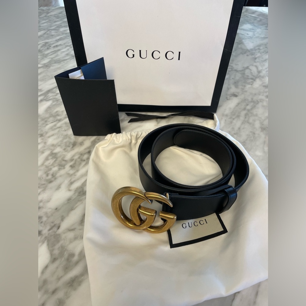 Gucci Marmont Leather Belt Brushed Gold GG Size 80 / 32